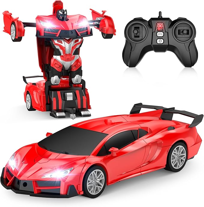 Remote Control Car,Transform Robot RC Cars with Cool LED Headlights, 2.4Ghz Toys Car with 360 Degree Rotation and One-Button Deformation, Christmas Birthday Gifts for Boys Girls(Red)