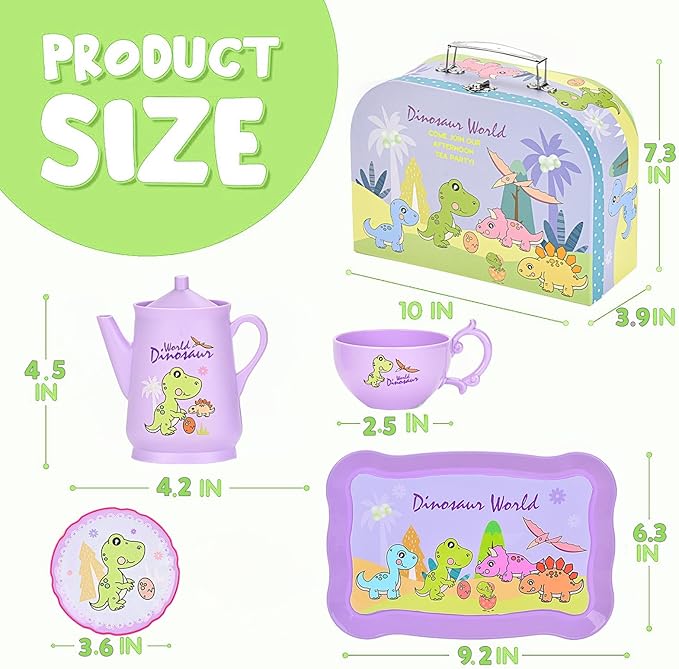 Dinosaurs Tea Party Set for Little Girls, Pretend Plastic Teapot Set, Princess Tea Time Play Kitchen Toy with Dessert, Carrying Case for Birthday Easter Gifts Kids Toddlers Age 3 4 5 6