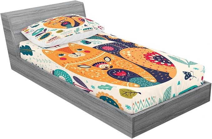Ambesonne Scandi 2 Pack Fitted Sheet & Pillow Sham Set, Cat and Flowers Leaves Print, 4 Pcs Bedding Decor, Package Contains 2 Twin Size Fitted Sheets & 2 Pillow Covers, Orange Multicolor