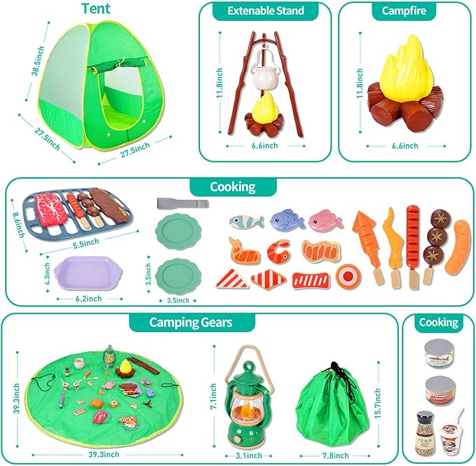Camping Set Toys with Pop up Play Tent Indoor Outdoor Pretend Camping Playset for Toddlers Kids Boys Girls 3-5 Years Old
