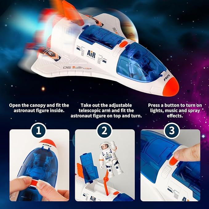 Space Shuttle Toys Set with Light and Sound, Rocket Ship Toys Playset with Spray Effects, Astronaut Toy for Kids 3-5, Outer Space ToyGift for Boys & Girls