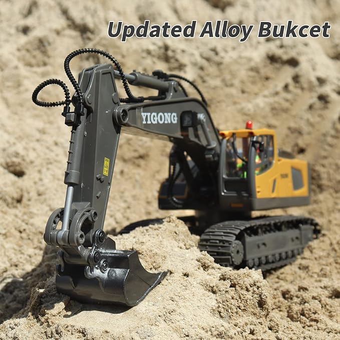 Remote Control Excavator 11 Channel RC Excavator Truck Toys 1/20 Scale 2.4Ghz Construction Vehicles with Metal Shovel 680° Rotation for Kids Boys Age 4-7 8 9 10 Year Old (Yellow)