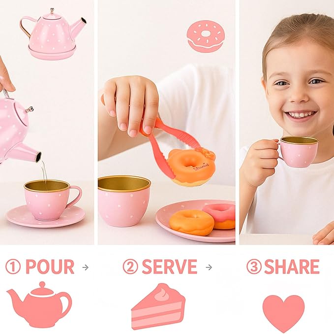 Tea Party Set for Girls – Princess Toddler Birthday Gift, Bunny Tea Time Toys with Teapot, Desserts, Cups, Plates & Carrying Case, Pretend Kitchen Playset for Kids Ages 3-8