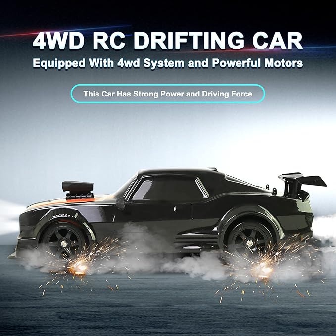 YUZ Remote Control Car RC Drift Car 1/16 Scale 4WD 18KM/H High Speed RC Car 2.4GHz with LED Lights Spray Racing Toy Car for Adults Boys Girls Kids Birthday 2Pcs Rechargeable Batteries, Black