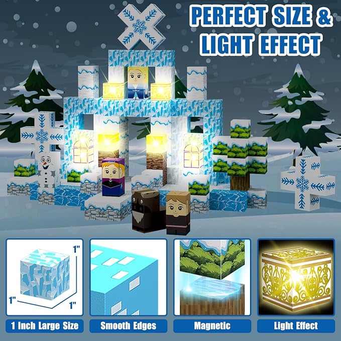 200PCS Magnetic Blocks Frozen Toys, 1" Light Up Building Blocks Magnet Cubes Tiles for Toddlers Boys Girls 3+, Build Princess Castle Snow World, STEM Sensory Construction Toys