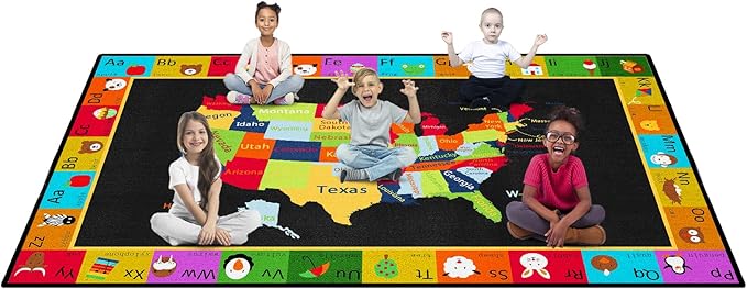 Map Classroom Rug 7'5"x13' United States Map Classroom Carpet Colorful Alphabet Educational USA Map Non Slip Black Playmat for Elementary, Nursery, Preschool, Kids Room, Study Room