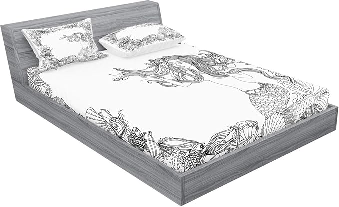 Ambesonne Mermaid Fitted Sheet & Pillow Sham Set, Mermaid in Seashells Starfish Coral Reef Frame Culture Myth Art, Decorative Printed 3 Piece Bedding Decor Set, Queen, White Grey