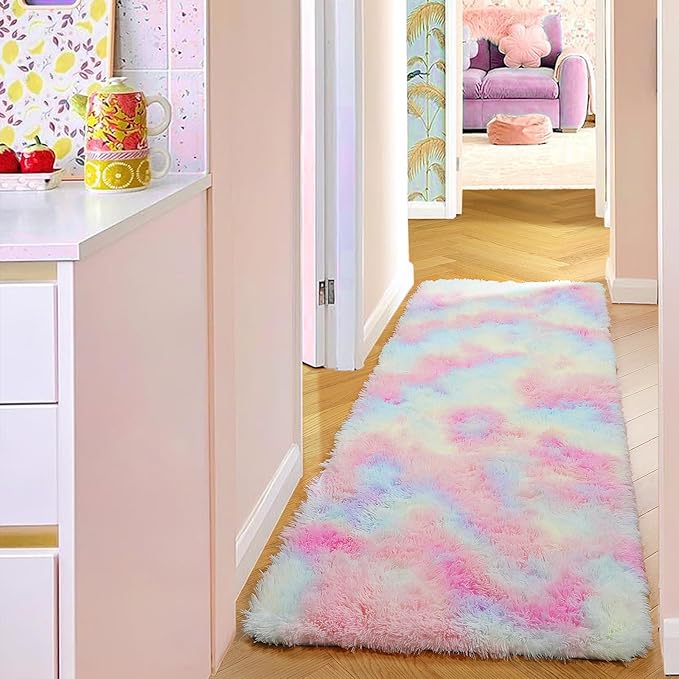 PAGISOFE Machine Washable Rainbow Runner Rugs for Girls Bedroom Hallway Plush Fluffy Rug 2x6 Ft, Soft Carpet for Living Room, Non-Slip Indoor Floor Rugs for Nursery Kids Girls Room Home Decor