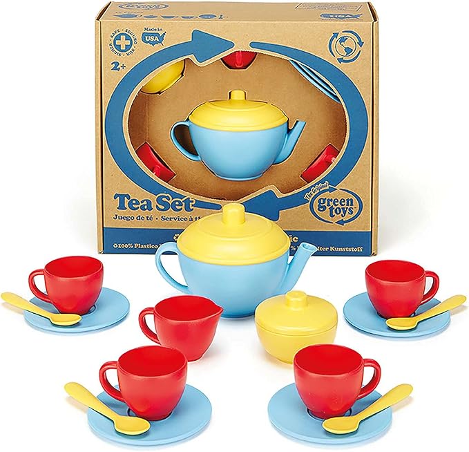 Green Toys Tea Set, Blue/Red/Yellow - 17 Piece Pretend Play, Motor Skills, Language & Communication Kids Role Play Toy. No BPA, phthalates, PVC. Dishwasher Safe, Recycled Plastic, Made in USA.