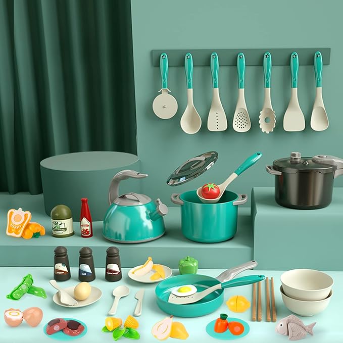 Bruvoalon 67Pcs Kids Play Kitchen Toys Set, Toddlers Pretend Cooking Playset Acccessories with Pots Pans, Utensils Cookware, Foods, Canned Veges, Learning Gift for Kids Girls Boys (Green)