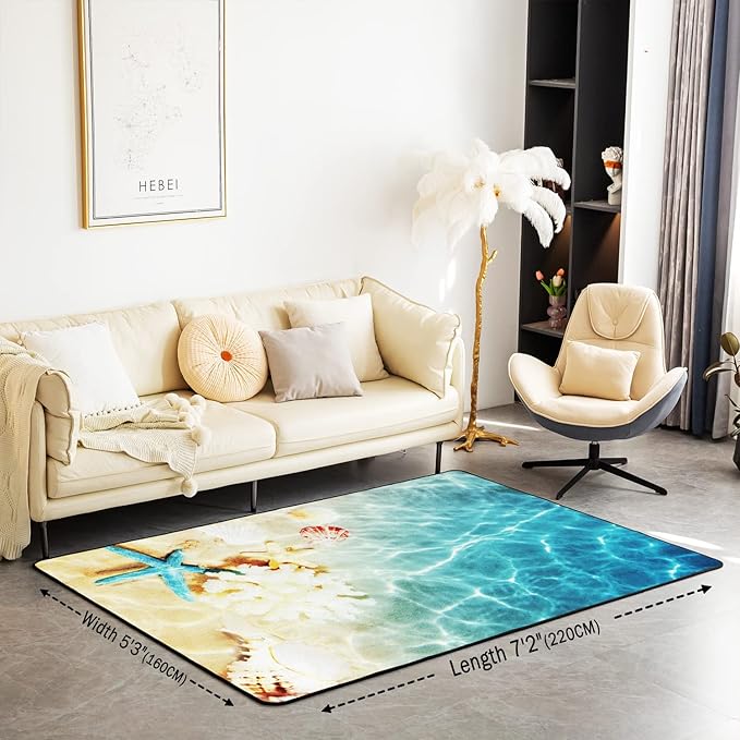 Ocean Area Rugs 5x7, Beach Rug, Coastal Nature Theme Teal Carpet, Boys Girls Hawaiian Sea Wave Animals Shell Starfish Washable Accent Rug for Bedroom, Blue