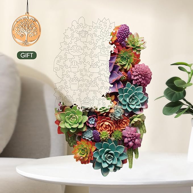 Succulent Waterfall Wooden Puzzles, 1000 Pieces Jigsaw Puzzles 28.1'' x17.3'', Unique Design Liberty Wooden Puzzles for Adults and Kids, Family Game Gift Medium Size