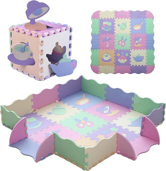Foam Play Mat for Kids,25Pcs Square Interlocking Puzzle Floor Mat,Baby Play Mat Floor Mat Foam Puzzle Playmat for Toddlers with Fence(Mash Up-CSH023