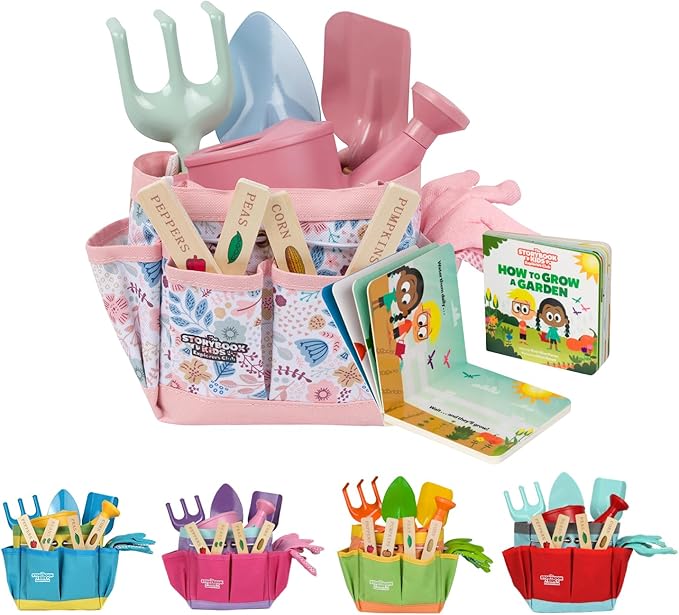 Floral Garden Kit Tools - Includes Sturdy Tote Bag, Watering Can, Gloves, Shovels, Rake, and Delightful Children's Book - Kids Garden Tool Set -Easter Gifts for Toddler Age on up