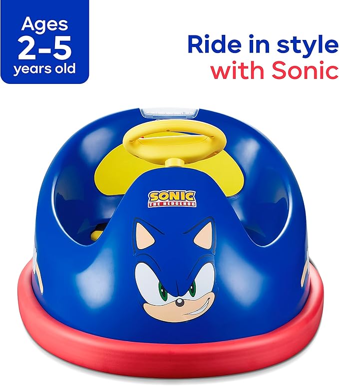 Sonic The Hedgehog Bumper Car for Kids, 2 Speed Electric Vehicle, Toddler Bumper Car with Remote Control and 360 Degree Turning, 6V Motor, LED Lights, Gifts for Toddlers, Large