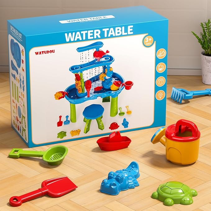 3-Tier Water Table for Kids Ages 3-5 4-8, Toddlers Outdoor Summer Water Table Beach Toys, Kids Activity Sensory Table Toddler Sand Box Play Table with Rain Showers Splash Pond for Boys Girls