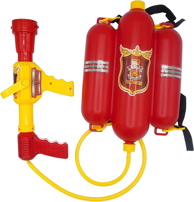 4E's Novelty Firefighter Backpack Water Gun Blaster for Kids- Tank with Hose Shooter, Super Water Squirt Suitable for Outdoor Play Boys & Girls, Fireman Pretend Play