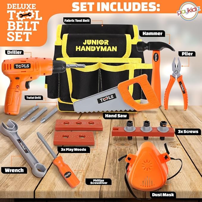 20Pcs Kids Tool Set - Kids Tool Belt with Electronic Drill Toy, Pretend Construction Durable Toddler Tool Set for Boys and Girls Ages 3 to 8 Years Old, Adjustable Toddler Tool Belt