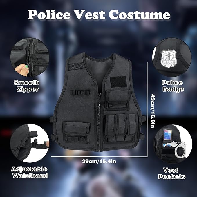 Police Costume for Kids, Tactical Helmet with Walkie Talkies,Swat Vest for Boys, Police Officer Uniform Role Play Toddler Dress Up Clothes with Toy Gun, Halloween Costumes for Kids 4 5 7 6 12 Year Old