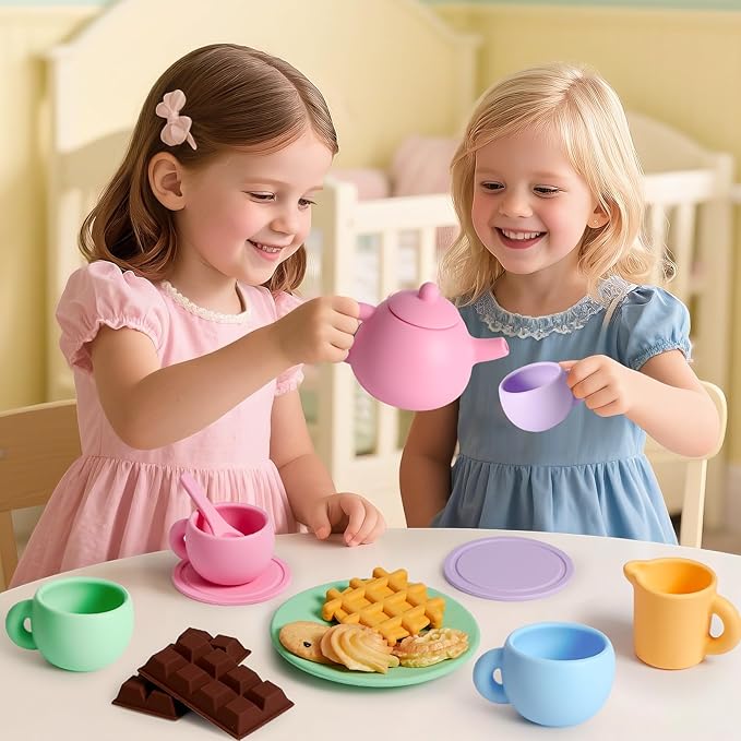 Golray Silicone Tea Sets for Toddlers 3-5, 22pcs Washable Tea Party Set with Storage Box/ Picnic Cloth, Pretend Play Kitchen Accessories Birthday Gifts Girls Toys for Kids 3 4 5 6 Years Old