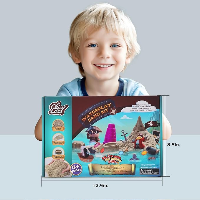 Waterplay Sand Kit – 2.2lb Pirate Adventure Sensory Sand for Summer Water Fun, Build Underwater Cities, Pirate Accessories, Molds, Gems, Tray & Tools, Outdoor Toy Gift for Kids Ages 4+