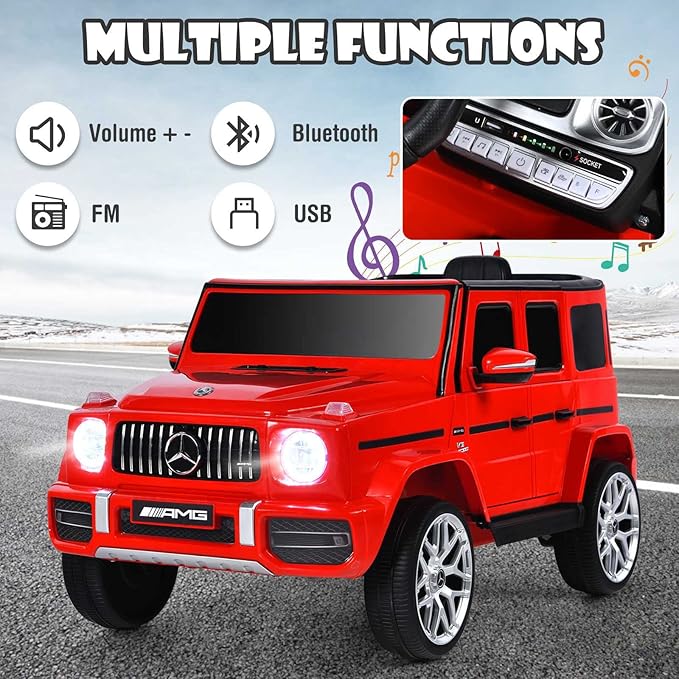 OLAKIDS 12V Kids Ride On Car, Licensed Mercedes Benz G63 Electric Vehicle with Remote Control, Double Open Doors, Music, Bluetooth, 2 Speeds, Wheels Suspension, Battery Powered Driving Toy (Red)