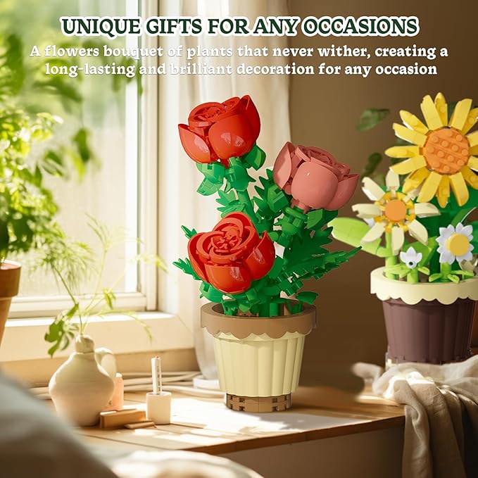 12 Pcs Flowers Bouquet Building Set,2531 Pcs Flower Botanical Collection Building Block Toy,Micro Plant for Home or Office Decor, Mother's Day Valentine Christmas Birthday Gifts for Adults,Girls