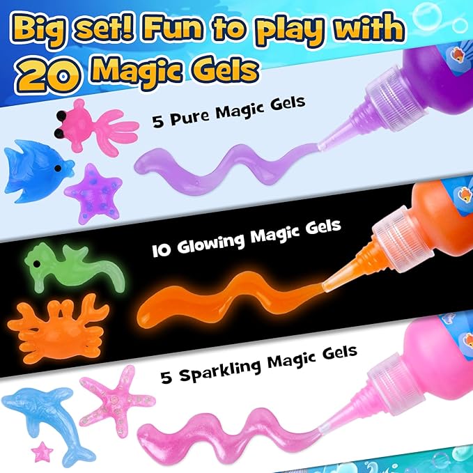 FTUREERA Glowing Magic Water Elf Toy Kit, Glowing in The Dark Aqua Fairy Water Elf, 20 Gels, 18 Sea Creature Molds, Squishy Maker Making Kit, Christmas Birthday Gifts, Crafts DIY for Kids