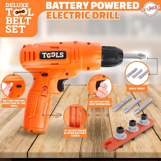 20Pcs Kids Tool Set - Kids Tool Belt with Electronic Drill Toy, Pretend Construction Durable Toddler Tool Set for Boys and Girls Ages 3 to 8 Years Old, Adjustable Toddler Tool Belt