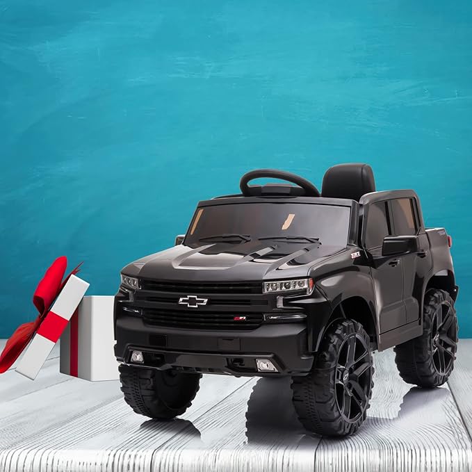 12V Licensed Chevrolet Silverado GMC Ride on Car,Battery Powered Electric Vehicle Jeep,Ride On Truck w/Remote Control, MP3/Bluetooth, Spring Suspension, LED Light (Black)