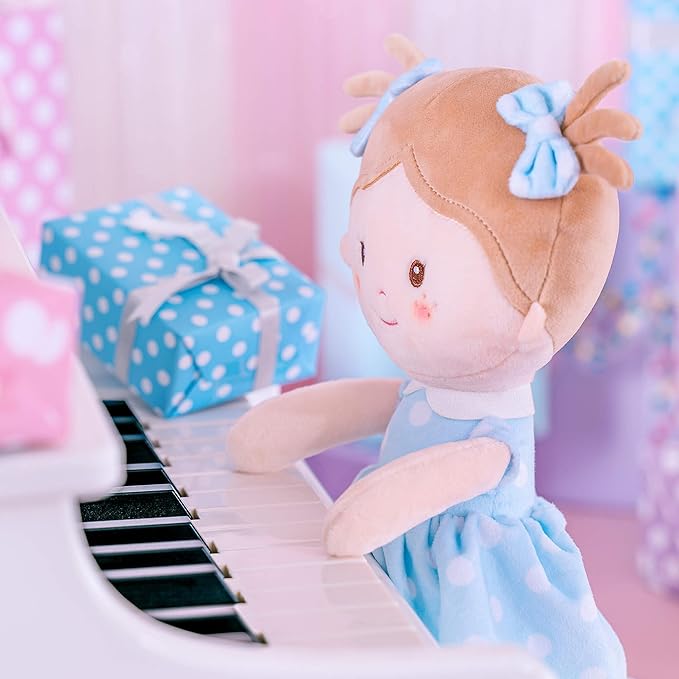 Onetoo Soft Baby Doll First Baby Doll Sleeping Cuddle Buddy Doll Plush Rag Doll Wear Blue Polka Dot Dress14