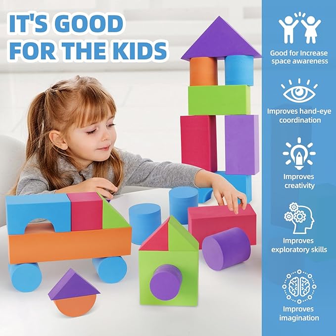 Large Building Foam Blocks for Toddlers, 30 Pieces EVA Stacking Foam Building Blocks Toy Set, Non-Toxic, Washable, Early Learning Construction Toys & Gifts for Kids Boys & Girls