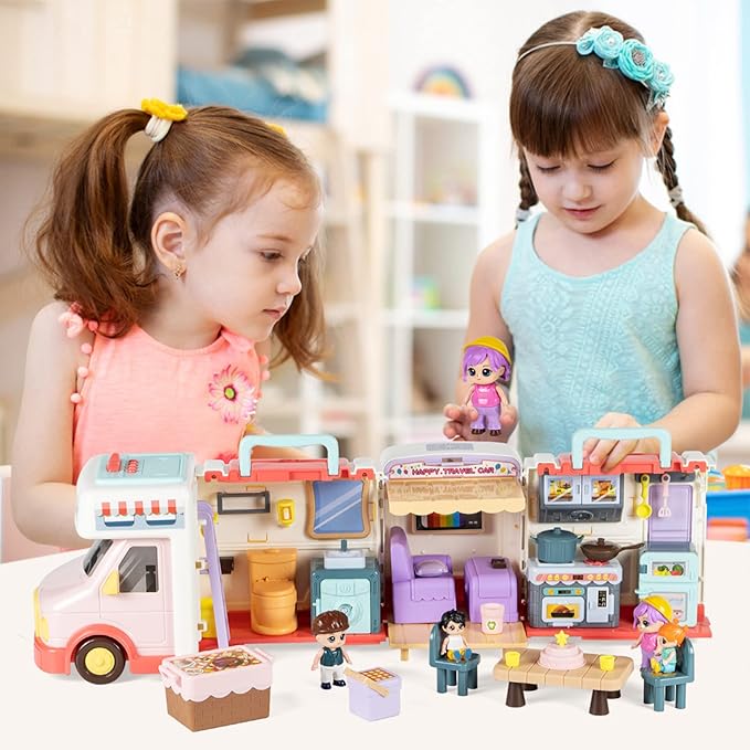 Marstone Doll House Toys for Girls 3 4 5 6 7 8+ Year Old, Transformable Dream Camper House with Little People, Pretend Play RV Set Dollhouse Inertia Vehicle with Sound and Music for Birthday Gifts 3+