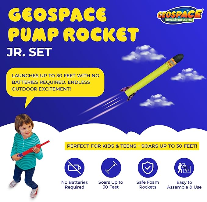 Geospace Hand Held Pump Rocket Medium Size Set - 30" Long Single Launcher & Rockets for Outdoor or Indoor Safe Play for Kids (Single Pump Rocket Jr.)