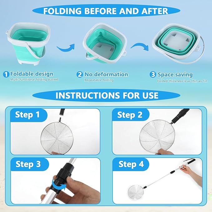 Shark Tooth Sifter, Beach Sand Sifter, Sea Shell Scooper for Beach, Shell Bags&Foldable Bucket, Sand Beach Toys for Kids 6 8 10 12, Medium, Blue