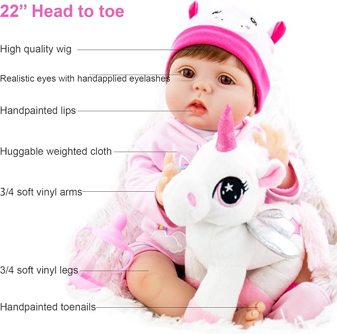 Milidool Reborn Baby Dolls,22 Inch Realistic Newborn Baby Girls Lifelike Weighted Baby Girl Dolls Pink Unicorn Reborn Baby Girl Dolls with Magnetic Pacifier Feeding Accessories Toy Set