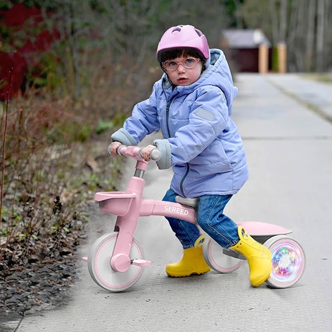 SEREED Colorful Lighting Toddler Tricycle for 2-5 Years Old Girls, Adjustable Seat&Handlebar Trike, Removable Basket, Birthday Gift Idea for Kids Ages 2+ (Pink)
