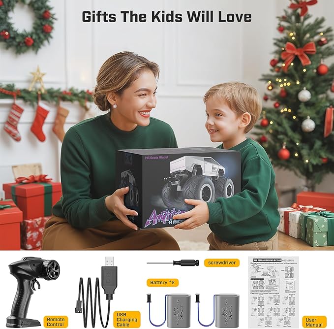 WayEee RC Car Kids Toys for Ages 6+, Remote Control Car Waterproof Monster Truck, Amphibious 4WD All Terrain Off-Road Pickup, 1:16 Scale, 2.4GHZ Vehicles, Boys Christmas Kids Birthday Gift/Black