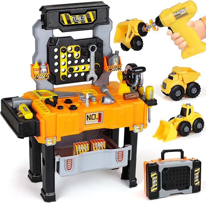 Lehoo Castle Toddler Tool Bench with Electric Drill & Take Apart Construction Vehicles, 2-in-1 Workbench & Toolbox for Kids, Toy Tool Set for Toddlers Age 3, Birthday Festival Gift for Boys & Girls