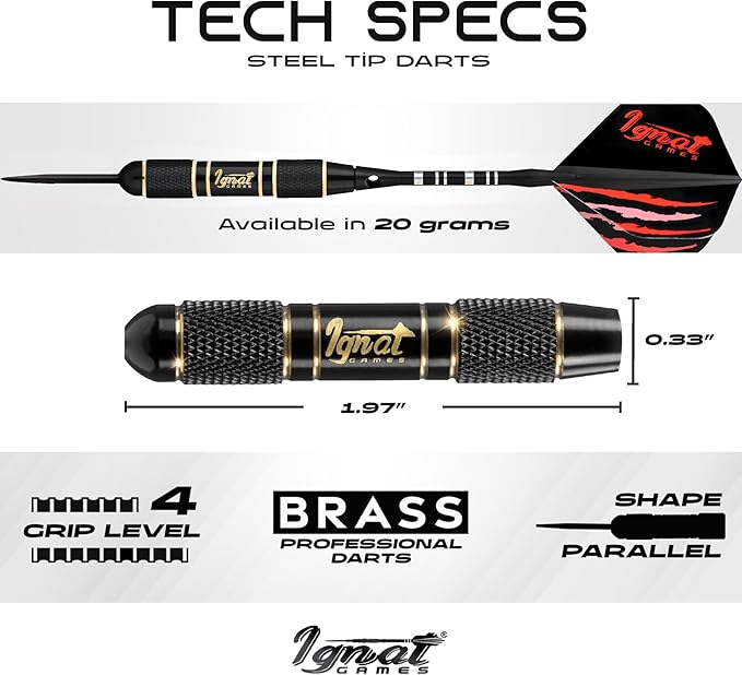 IgnatGames Steel Tip Darts Set - 3/6/12 Pack Brass Darts Metal Tip Set with Exquisite Case - Aluminum Shafts, 2 Sets of Flights, Dart Tool & Sharpener