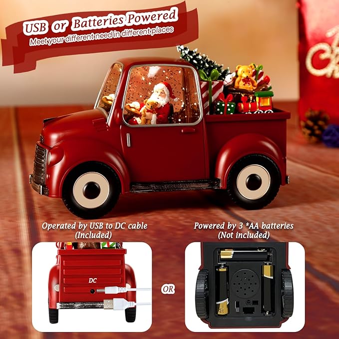 Musical Red Truck Snow Globe with Swirling Glitter with Santa, Christmas Tree,Gifts,Bear,Small Train,Christmas Decoration
