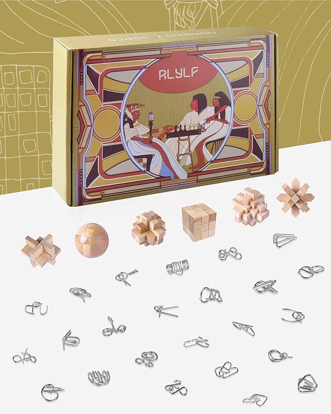 30Pcs Brain Teaser Puzzles for Games - Educational Toys, Wooden and Metal 3D IQ Puzzles, Unlock Interlock Box