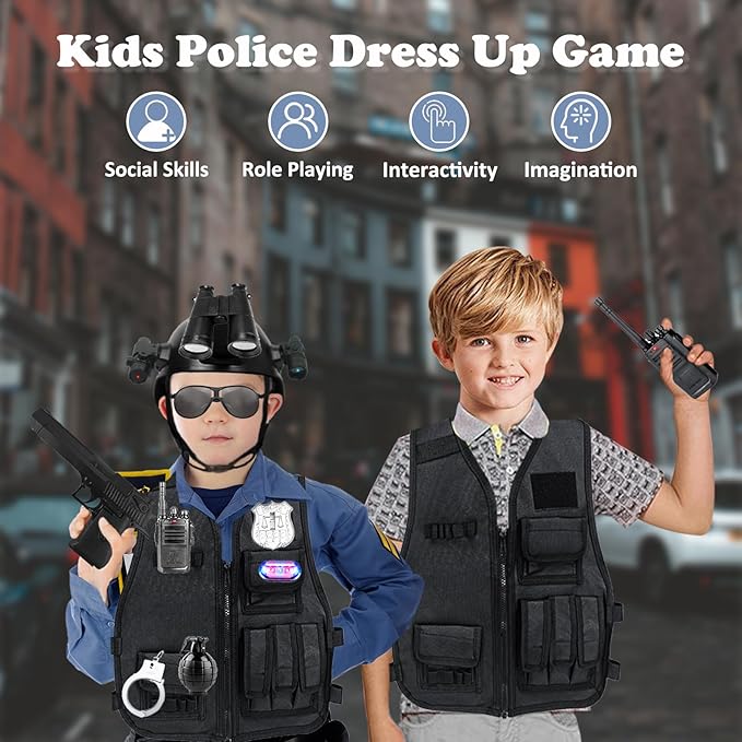 Police Costume for Kids, Tactical Helmet with Walkie Talkies,Swat Vest for Boys, Police Officer Uniform Role Play Toddler Dress Up Clothes with Toy Gun, Halloween Costumes for Kids 4 5 7 6 12 Year Old