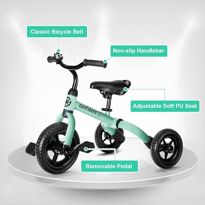 Ancaixin 3 in 1 Toddler Tricycles for 2-5 Years Old Boys and Girls with Detachable Pedal and Bell, Foldable Baby Balance Bike Riding Toys for 2+ Kids, Child Birthday Christmas New Year Gift Green
