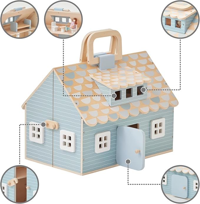 Olivia's Little World Wooden Cottage Dollhouse with 12 Accessories & 4 Figurines – Portable 2-Story Playhouse for 3.5" Dolls – Foldable Miniature Toy House for Girls Ages 3+