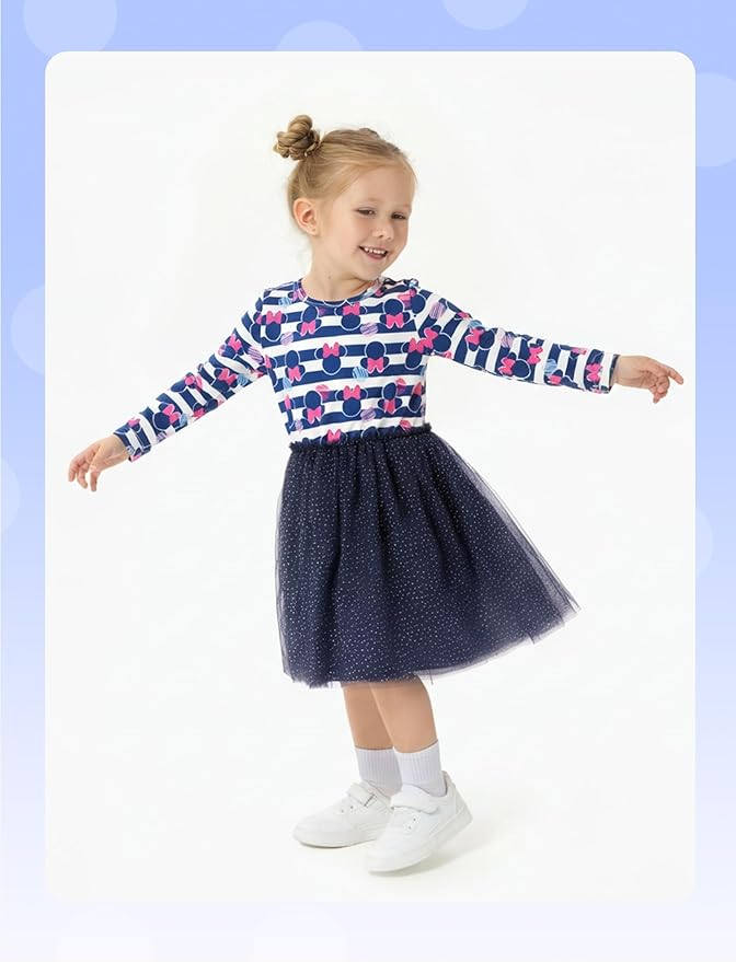 Disney Frozen Elsa Princess Cinderella Ariel Jasmine Rapunzel Baby/Toddler Dress, Ruffle Long-Sleeve Mesh Overlay Tulle Dress