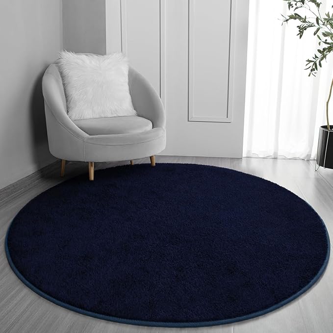 FlyDOIT Round Area Rugs for Bedroom Living Room, 5x5 Navy Blue Super Soft Comfy Thickened Memory-Foam Indoor Circle Carpets, Modern Aesthetic Minimalist Carpet for Boys Girls Adults Nursery Home Décor