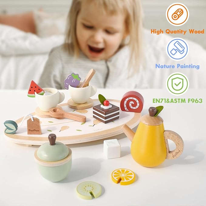PairPear Wooden Toys Tea Party Set, Toddler Tea Set for Little Girls, Kids Pretend Play Kitchen Accessories, Wooden Play Food Toys Gift for Girls Boys 3 Y+