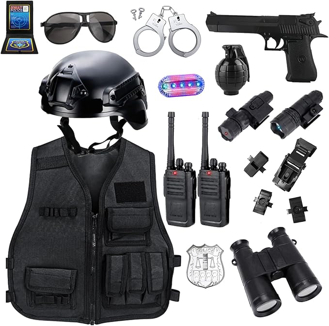 Police Costume for Kids, Tactical Helmet with Walkie Talkies,Swat Vest for Boys, Police Officer Uniform Role Play Toddler Dress Up Clothes with Toy Gun, Halloween Costumes for Kids 4 5 7 6 12 Year Old