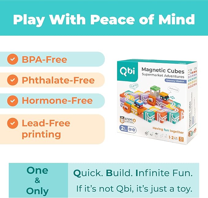 QBI Magnetic Blocks for Toddlers Ages 2-4|STEM Magnetic Building Blocks with Trucks & Fruit Plates|Montessori Magnet Building Cubes for Kids|Educational Gifts for Boys & Girls Ages 2+ (32PCS)